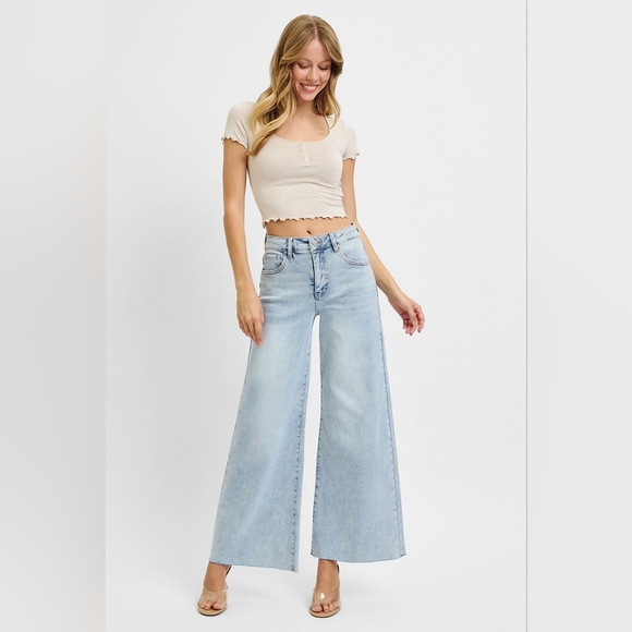 RISEN Palazzo High-Rise Ultra Baggy Wide Leg Cropped Ankle Jeans Denim Pants - Picture 9 of 16